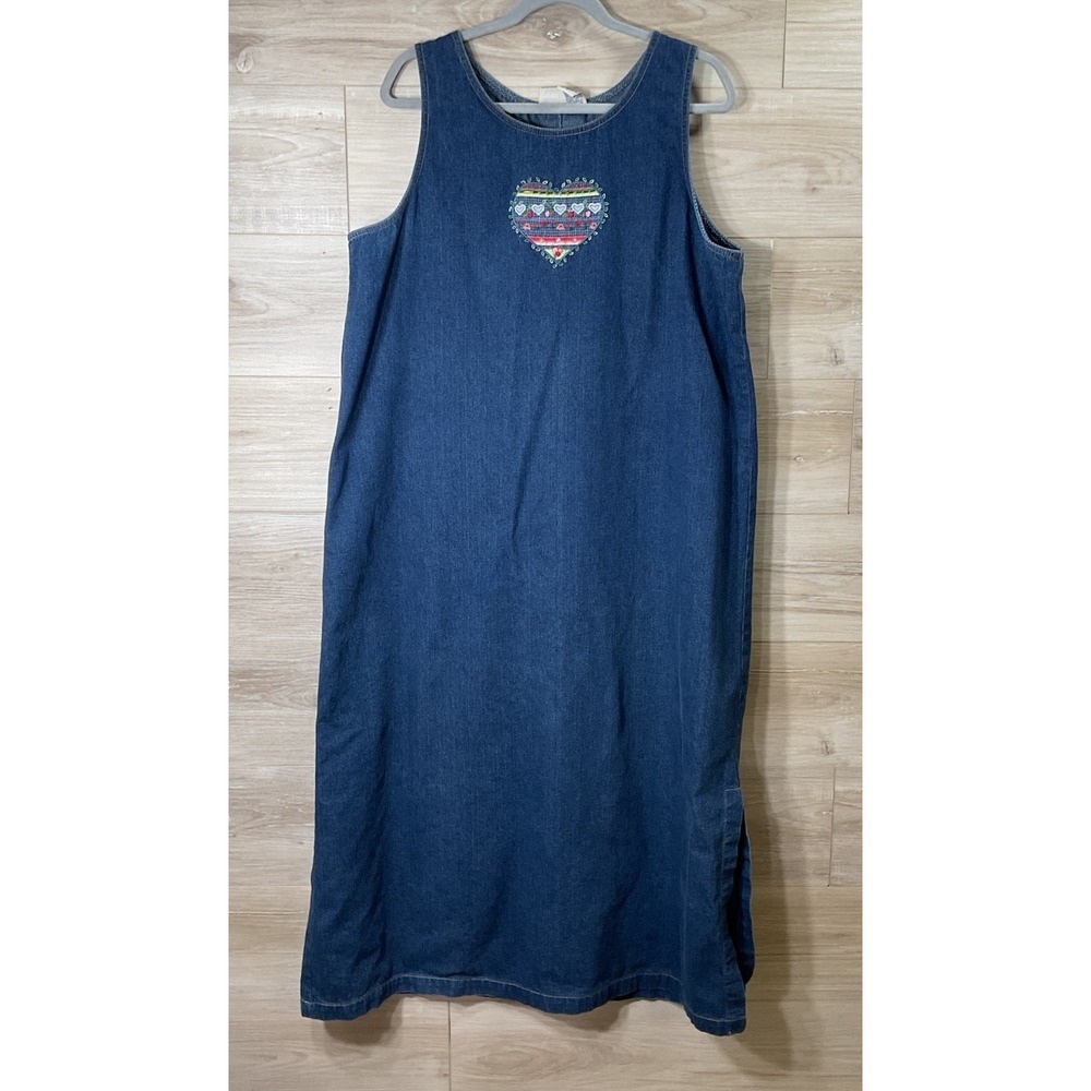 Vintage Koret City Blues Denim Maxi Dress XL Prairie Cottagecore Beaded Heart